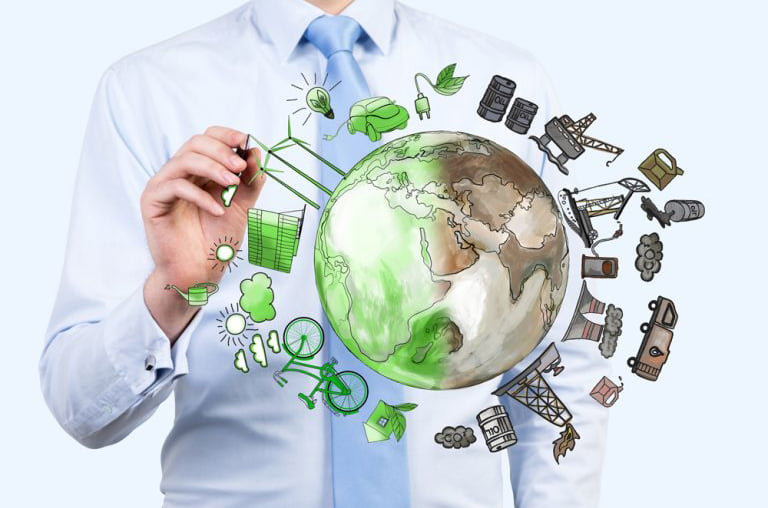 Stock image of a man selecting green icons